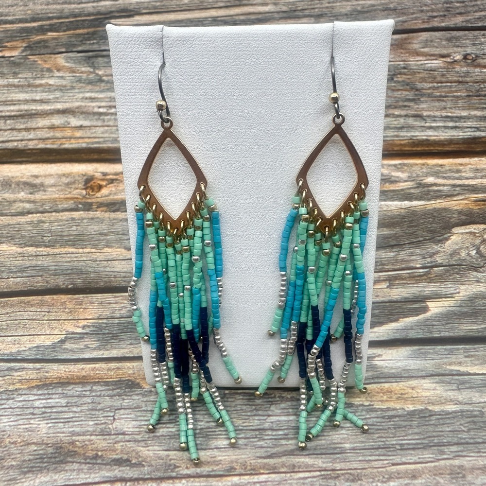 Turquoise & Gold Tone Seed Bead Fringe Earrings Long Dangle Boho Statement Gift